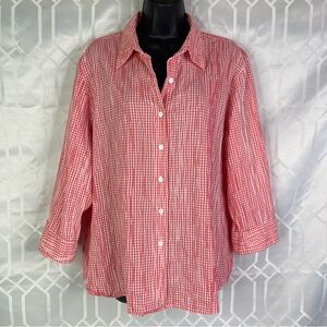 Foxcroft Top Red Checkered Button Down 3/4 Sleeves Women’s Size 18